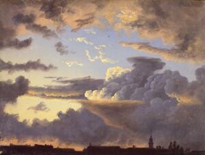  An oil on paper painting by Knud Baade showcasing a vast and moody skyscape at twilight with an illuminated cloud formation above a dimly lit European cityscape with a prominent tower structure piercing the horizon.