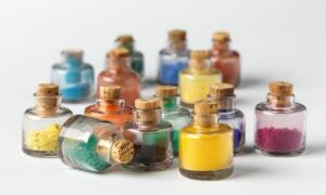  A collection of small vintage bottles with corks, each containing different colored substances in shades of turquoise, amber, yellow, green, pink, and green-blue, arranged on a light grey surface fading into a white background.