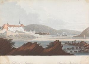  An aquatint named "Boydell's Picturesque Scenery of Norway" by John William Edy, depicting a serene waterscape with rocky outcroppings in the foreground, a small boat on the water, a church or large building dominating a quaint town center, and rolling hills in the background, all in a pastel-hued palette.