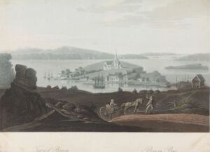  An aquatint print titled "Brevik" by John-William Edy, showing a picturesque view of the town of Brevik on a peninsula with a church spire, surrounded by water with boats, under a soft blue sky. The foreground features rocky terrain and figures on a path.