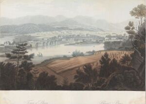  "Boydell's Picturesque Scenery of Norway" by John-William Edy is an aquatint print showing a pastoral landscape with plowed fields in the foreground, a body of water and village at the center, and mountains in the background, all depicted in soft earth tones and subtle blues and grays.