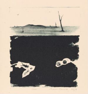  A lithograph on paper by Bjørn Ransve with stark black and white contrasts. A minimalistic horizon with faint silhouettes in the upper part, and a large black area with white ovals resembling eyes and a fragment of a face in the lower part, conveying a sense of mystery.
