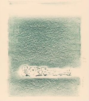  A fine art lithograph by Bjørn Ransve depicting a textured field of greenish-grey stipple-like marks, with a clear area at the bottom showing a minimal, contoured figure lying on its side. The artwork conveys a subtle and ethereal feel, using a muted color palette on paper.