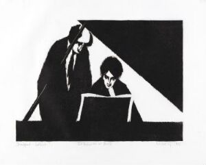  "Dirigent og solist" by Niclas Gulbrandsen, a black and white woodcut on paper showing the silhouettes of a conductor on the left, looking at a musical score, and a soloist on the right, leaning over a piano. The artwork uses sharp contrasts and geometric shapes to depict the intensity of a musical performance.