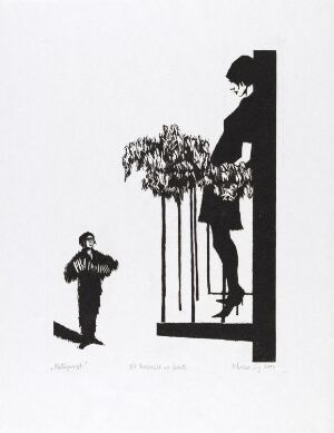  "Meltzer Street" by Niclas Gulbrandsen is a black and white woodcut print on paper featuring a smaller male figure on the left and a larger female figure on a balcony with floral elements on the right, creating a sharp, contrasted visual narrative.