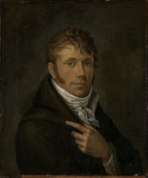  Oil on canvas self-portrait by Jacob Munch. It features the artist with tousled brown hair, a fair complexion, and dark eyes, wearing a dark coat and white cravat. He gazes directly at the viewer, his expression pensive. The dark brown background provides contrast to his light attire and complexion.