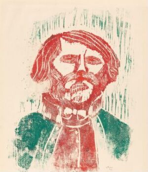  A color woodcut print titled "Telemarksbonde" by Johs Rian on paper, featuring a stylized portrait of a bearded man in warm red against a contrasting cool green backdrop with vertical strokes, evoking a rustic and organic atmosphere.