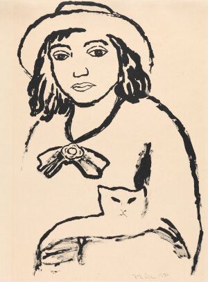  Lithograph on paper by Johs Rian titled "Kvinne med katt," depicting a simple yet expressive line drawing of a seated woman with a hat, gently holding a cat in her lap, in a monochromatic black-and-cream color scheme.