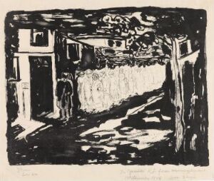  "De gravides kø" by Johs Rian is a monochrome lithograph on paper depicting a queue of indistinct figures in an outdoor alleyway, with contrasting areas of light and shadow creating a dramatic effect.