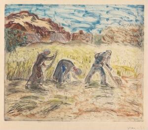  "Skuronn" by Johs Rian, a fine art piece featuring three figures harvesting a field under a blue sky with white clouds. The artwork is characterized by subtle greens and yellows in the field, earthy tones in the figures' clothing, and hills in the background rendered in brown and sienna.