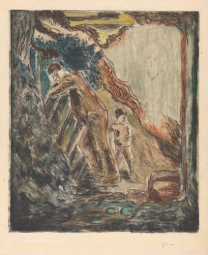  "Mann, gutt og kvinneskikkelse i landskap" by Johs Rian is a fine art etching and monotype on paper depicting three figures in a muted, natural landscape. A man and a boy, shown in profile, are walking towards the left in earthy tones, while an ethereal female figure stands faintly on the right, blending into the rock and foliage adorned background, washed in a palette of soft blues, pinks, and yellows.