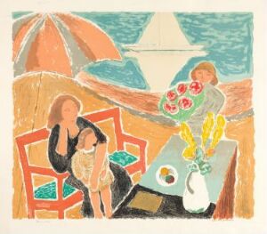  "Sommer" by Johs Rian, fine art lithograph. A simplified summer scene, with two figures, one adult and one child, seated under a rust-colored umbrella. A table with a vase of yellow flowers, a piece of fruit, and the sea with sailboats in the background.