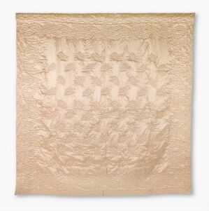  A textured square artwork with a central grid of raised, leaf-like patterns surrounded by a chaotic, wave-like texture in shades of beige and cream. Artist's name and title are unknown.