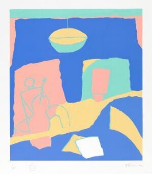  "Orkestergraven" by Johs Rian, an abstract silkscreen print on paper featuring vibrant sky blue, soft pink, pastel yellow, and muted turquoise. Abstract figures suggesting musicians and whimsical shapes create a playful, orchestra-inspired composition.