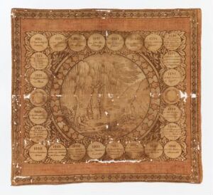  An antique-looking square piece with a central circular illustration surrounded by decorative roundels with text and portraits, all presented in sepia and light brown tones, indicative of historical or cultural significance.