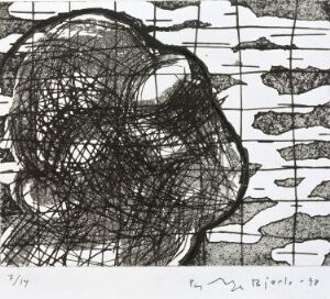  "Head XI" by Per Inge Bjørlo, an abstract black and white etching featuring a tangled, scribble-filled head-like shape set against a gridded background, with the artist's signature and the year '89 at the bottom.