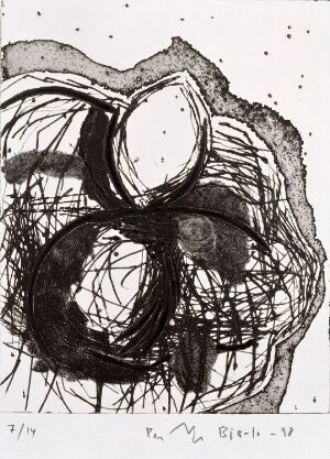  "Head XII" by Per Inge Bjørlo, an abstract monochromatic etching in black on paper, featuring swirling lines and crosshatching, with two overlapping circular shapes in the center, surrounded by gestural marks and speckled drips at the top, invoking an abstract representation of a head or face.