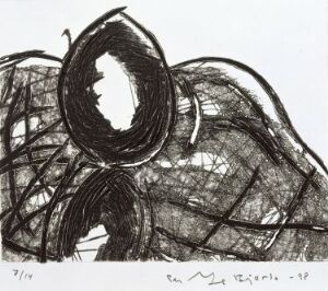  "Head XIII" by Per Inge Bjørlo, a monochromatic abstract fine art print on paper using drypoint and sugar lift aquatint techniques. Features a central spiral form and surrounding energetic, chaotic black lines on a white background, with the artist's signature at the bottom.