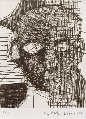  "Head III" by Per Inge Bjørlo, a monochromatic etching on paper that captures an abstract and expressive human head using dense crosshatching and etched lines to create a somber and intense visage, signed by the artist in the lower right corner along with the date '89.