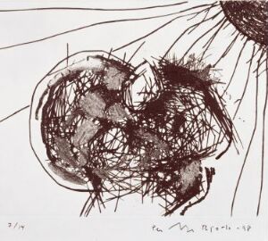  "Head IV" by Per Inge Bjørlo, an abstract etching on paper featuring a central, tangle-like figure in black against a white background, with the artist's signature and '87 on the lower right.