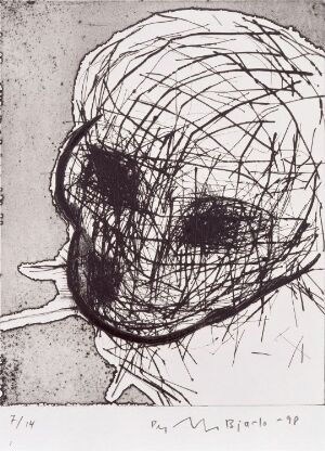 
 Monochromatic etching titled "Head V" by Per Inge Bjørlo, showcasing a roughly sketched, abstract head engulfed in dark shades and overlaid with chaotic intersecting lines on a white background, displaying a signature and edition information on the bottom right corner.