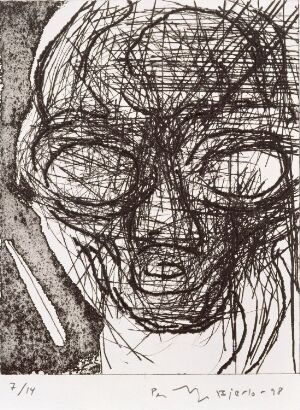  "Head VI" by Per Inge Bjørlo, a fine art print featuring an abstract, chaotic etching of a human head with a dense web of black lines on cream paper, evoking a visceral and emotional response.