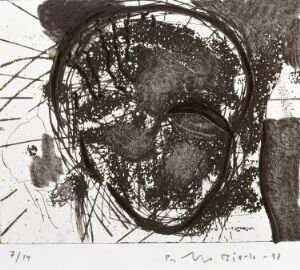  "Head VIII" by Per Inge Bjørlo is an abstract monochromatic etching on paper depicting an intense and chaotic representation of a human head, with a central circular figure surrounded by dense, expressive lines and textures in varying shades of black and gray, and the artist's signature in the bottom right corner.