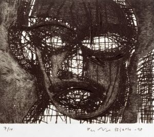 "Head IX" by Per Inge Bjørlo - A monochromatic etching on paper featuring an abstract and expressive representation of a human head with bold, interlocking lines and shades varying from black to white, creating a textured and emotive visual effect.