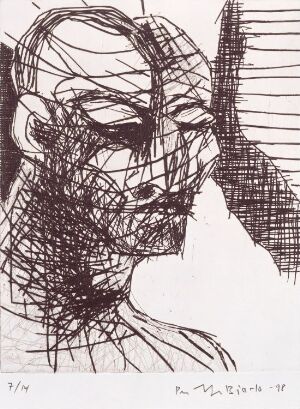  "Head II" is an expressionistic black and white print by Per Inge Bjørlo, featuring an abstract depiction of a human head with intense, interlocking lines on paper, displaying the artist's signature and edition number on the bottom.