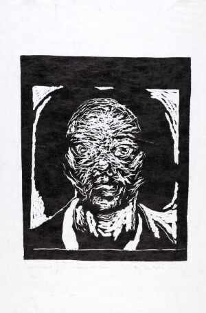  "Helsing til Abeba," a linocut print on paper by Per Inge Bjørlo, featuring a high-contrast black and white image of a human figure with an intense expression, dark eyes, and a face marked by emphatic lines and textures, set against a stark black background.