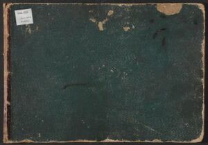  Antique forest green sketchbook labeled "Skissebok nr. 14" on a white rectangular label in the top left corner, showing signs of wear and age with frayed edges and stains on the cover.