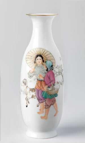  An elongated, slender white vase with traditional East Asian-style artwork depicting a person in colorful, detailed clothing, surrounded by stylized green foliage and flowers, against a plain background.