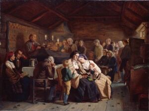  "Haugianerne" by Adolph Tidemand, an oil on canvas painting displaying a 19th-century rural indoor gathering. The central focus is an elderly man and a blonde child in a storyteller's embrace, surrounded by attentive, affectionately poised adults. The soft lighting emphasizes warm browns, muted reds, and creams in the subjects' clothing and the rustic wooden interior.