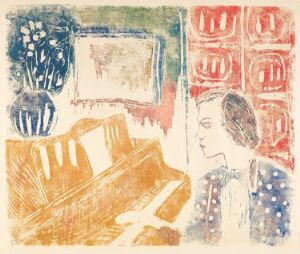  "Kvinne ved flygel," a color woodcut print on paper by Johs Rian, illustrating a contemplative woman seated by a golden-brown grand piano with a blue vase of flowers to her left, and abstract red and beige patterns in the background suggesting an intimate interior setting.
