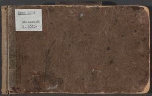  Aged brown sketchbook titled "Skissebok nr. 2" with a worn cover displaying a white label on the upper left corner, against a neutral background, artist unknown.