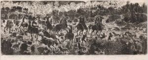  A monochrome woodcut print titled "Landscape, horses and dogs" by Frans Widerberg, featuring an animated and detailed scene of horses and dogs within a textural landscape, executed in shades of black, white, and grey.