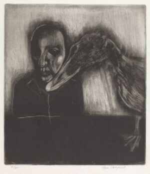  "Människa Fågel" by Lena Cronqvist, a monochromatic aquatint print on paper with a fusion of human and bird-like features, featuring a figure with dark, hollow eye sockets and a large, textured bird's head merging with the human form in shades of black, white, and gray.