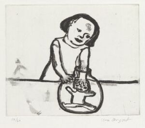  Etching on paper by Lena Cronqvist titled "Pike med rundkolbe nr. 4" depicting a simple black and white scene of a young girl holding a large round-bottomed flask, with stark contrast and minimal background detail, emphasizing the interaction between the child and the object.