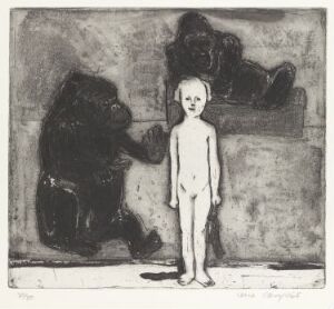  "Pike og gorillaer" by Lena Cronqvist, an etching showing a light-skinned girl standing between two gorillas on a monochromatic palette with detailed textures and contrasting shades.