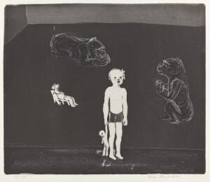  Monochromatic print titled "Flicka, gorilla och docker" by Lena Cronqvist, featuring a young girl with a small dog and figurine, alongside illustrated figures of a resting lioness and a seated gorilla, all rendered in shades of black, white, and gray on paper using drypoint and aquatint techniques.