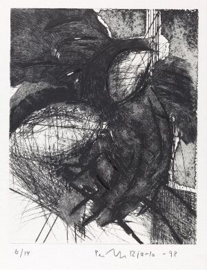  "Head XIV" by Tyler Graphics Ltd, a monochrome etching on paper featuring an abstract representation of a head with dynamic lines and deep black shapes suggesting eyes, giving the impression of intensity and emotional depth.