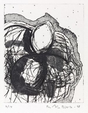  "Head XII" by Per Inge Bjørlo, an abstract etching on paper featuring a dense collection of black lines forming an organic, head-like shape on a white background, with varying line thicknesses and dynamic textures.