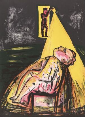  "Ett drömspel" by Lena Cronqvist is a color lithograph featuring a woman seated with her face turned upwards towards a bright yellow geometric beam of light, in which a smaller human figure appears to be suspended. The woman is covered by a striped blanket in shades of pink and orange, and the background is predominantly dark.