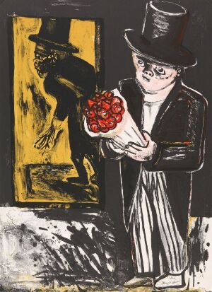  "Ett drömspel" by Lena Cronqvist, a color lithograph on paper showing a figure in a striped suit and top hat holding a bouquet of red flowers. There's a shadowy figure with an outstretched arm in the background next to a doorframe aglow with yellow-orange light, creating a stark contrast of light and dark.
