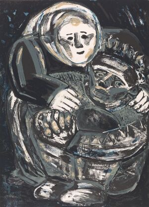  "Ett drömspel" (A Dream Play) No 26, a color lithograph by artist Lena Cronqvist, depicting an abstract, nurturing scene with a woman's figure embracing a child against a dark blue and black background, highlighted with white and grey strokes.