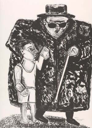  Monochromatic lithograph titled "Ett drömspel" by Lena Cronqvist featuring two disproportionate figures, a curious child on the left and an oversized, mysterious figure on the right with a large coat, hat and sunglasses, holding a giant lollipop, all set against a plain background.