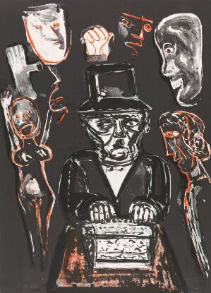  "Ett drömspel" by Lena Cronqvist is a color lithograph on paper containing turbulent and dream-like imagery with stark contrasts. A central older male figure in a top hat surrounded by ghostly figures, disembodied hands, and expressive faces, all set against a dark backdrop with accents of orange.