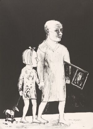  "Ett drömspel No 2" by Lena Cronqvist is a black and white lithograph featuring two featureless figures; an adult and a child holding hands, with the child carrying a toy dog on a leash, all against a solid black background.