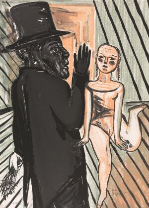  "Ett drömspel. No 10 by Lena Cronqvist, a color lithograph on paper featuring an abstract scene with a man in dark clothes and a top hat gesturing to a nude, pale-skinned female figure in a room with intersecting line work in the background."