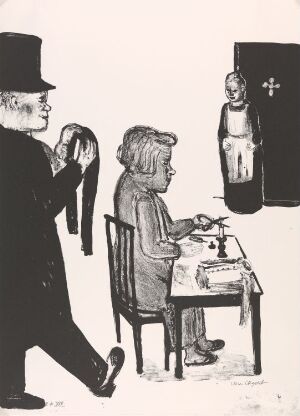 
 A black and white lithograph titled "Ett drömspel. No 3" by Lena Cronqvist on paper. It features an illustration of three figures; an authoritative figure holding a puppet-like object, a young girl sitting at a table with a typewriter, and a partially visible woman behind an ajar door with a cross symbol. The monochromatic scene conveys a surreal, dream-like quality.